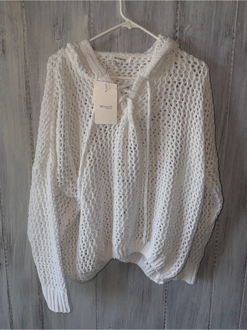 Miracle Open-Knit White Hoodie Sweater with Drawstring